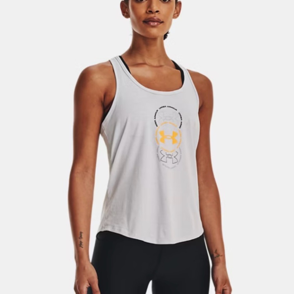 Under Armour Women Size M Cream Color w/ Circle Logo Overlay Crisscross Tank Top